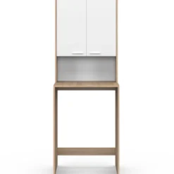 Meuble dessus de machine à laver avec placard bois façon hêtre et blanc