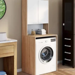 Meuble dessus de machine à laver avec placard bois façon hêtre et blanc