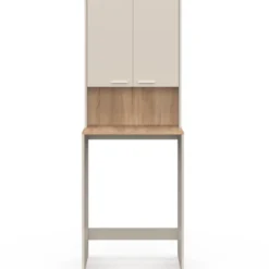 Meuble dessus de machine à laver avec placard beige et bois façon hêtre