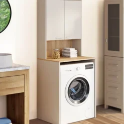 Meuble dessus de machine à laver avec placard beige et bois façon hêtre