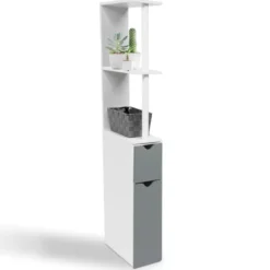 Meuble de toilette blanc et gris avec étagères