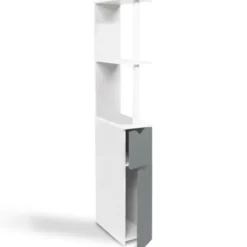 Meuble de toilette blanc et gris avec étagères