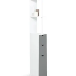 Meuble de toilettes étagère bois 3 portes blanc et gris