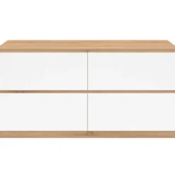 Meuble double vasque suspendu salle de bain 120 cm 4 tiroirs façon hêtre et blanc