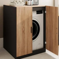 Meuble pour machine à laver avec portes noir et hêtre