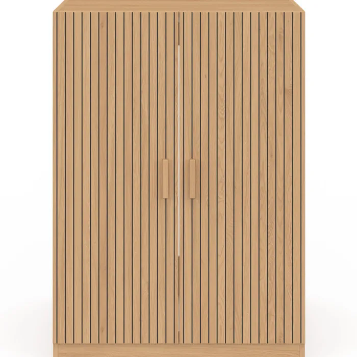 Meuble pour machine à laver avec portes effet lattes tasseau bois coloris chêne