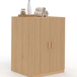 Meuble pour machine à laver avec portes effet lattes tasseau bois coloris chêne
