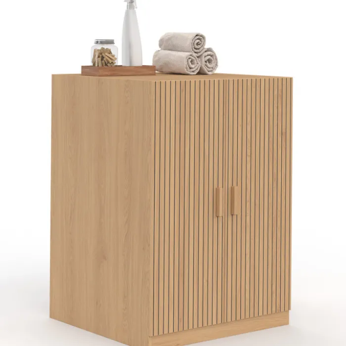 Meuble pour machine à laver avec portes effet lattes tasseau bois coloris chêne