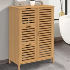 Meuble salle de bain en bambou avec placard et 3 tiroirs