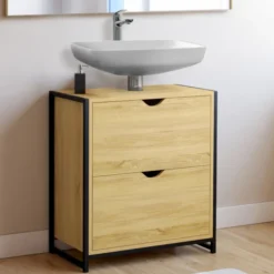 Meuble sous-lavabo salle de bain bois et métal 2 tiroirs