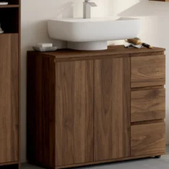 Meuble sous lavabo salle de bain avec placard et 3 tiroirs effet noyer