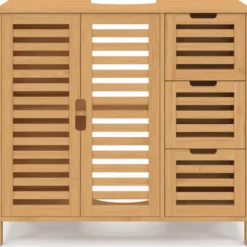 Meuble sous lavabo salle de bain bambou avec placard et 3 tiroirs