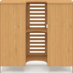 Meuble sous lavabo salle de bain bambou avec placard et 3 tiroirs