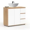 Meuble sous lavabo salle de bain avec placard et 3 tiroirs façon hêtre et blanc
