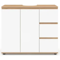 Meuble sous lavabo salle de bain avec placard et 3 tiroirs façon hêtre et blanc