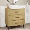 Meuble sous vasque salle de bain 80 cm 3 tiroirs façon hêtre et noir avec pieds télescopiques