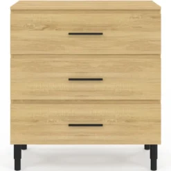 Meuble sous vasque salle de bain 80 cm 3 tiroirs façon hêtre et noir avec pieds télescopiques