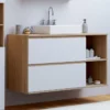 Meuble sous vasque suspendu salle de bain 2 tiroirs et 2 niches façon hêtre et blanc