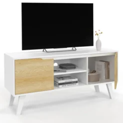 Meuble télé bois blanc 2 portes façon hêtre 110 cm