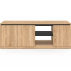 Meuble télé bois façon hêtre et noir 140 cm 3 portes