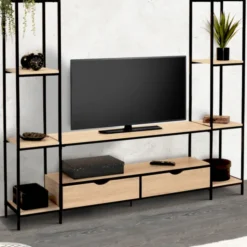 Meuble télé bois métal avec étagères et tiroirs
