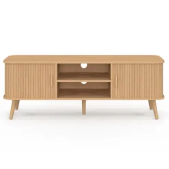 Meuble télé 140 cm avec portes coulissantes lattes tasseau bois coloris chêne