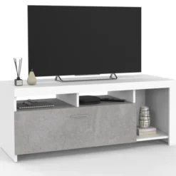 Meuble télé 110 cm blanc et placard effet béton