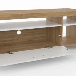 Meuble télé 140 cm bois et placard blanc