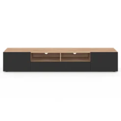 Meuble télé 180 cm noir et bois façon hêtre avec rangement