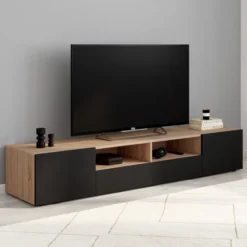 Meuble télé 180 cm noir et bois façon hêtre avec rangement