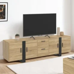 Meuble télé 180 cm 4 portes et 2 tiroirs bois et noir