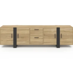 Meuble télé 180 cm 4 portes et 2 tiroirs bois et noir