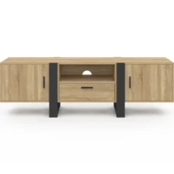 Meuble télé 160 cm XXL moderne bois et noir avec 3 portes et 1 niche