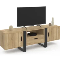 Meuble télé 160 cm XXL moderne bois et noir avec 3 portes et 1 niche