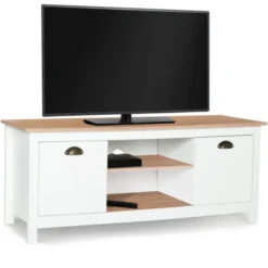 Meuble télé design blanc 2 portes avec étagères