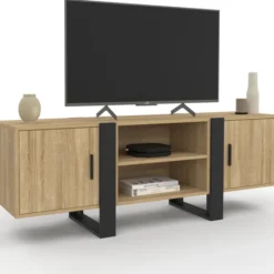 Meuble télé design noir et bois avec 2 portes