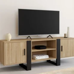 Meuble télé design noir et bois avec 2 portes