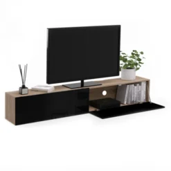 Meuble télé suspendu noir et bois 180 cm