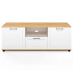 Meuble TV blanc et bois 110 cm avec tiroir et niche