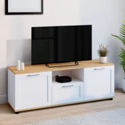 Meuble TV blanc et bois 110 cm avec tiroir et niche