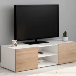 Meuble TV blanc et imitation hêtre