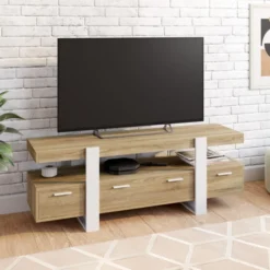 Meuble TV bois et blanc 140 cm avec tiroirs
