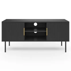 Meuble TV bois noir 110 cm 2 portes effet lattes