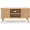 Meuble TV 110 cm avec 2 portes effet lattes tasseau bois