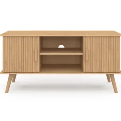 Meuble TV 110 cm avec 2 portes effet lattes tasseau bois