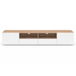 Meuble TV 180 cm bois façon hêtre portes blanches