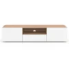 Meuble TV 140 cm bois façon hêtre portes blanches