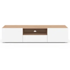 Meuble TV 140 cm bois façon hêtre portes blanches