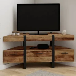 Meuble TV 110 cm d'angle bois pied épingle avec tiroirs