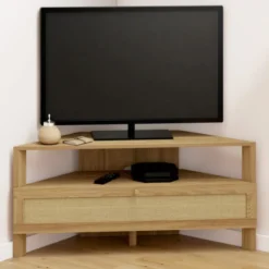 Meuble TV 100 cm d'angle 1 porte effet naturel cannage